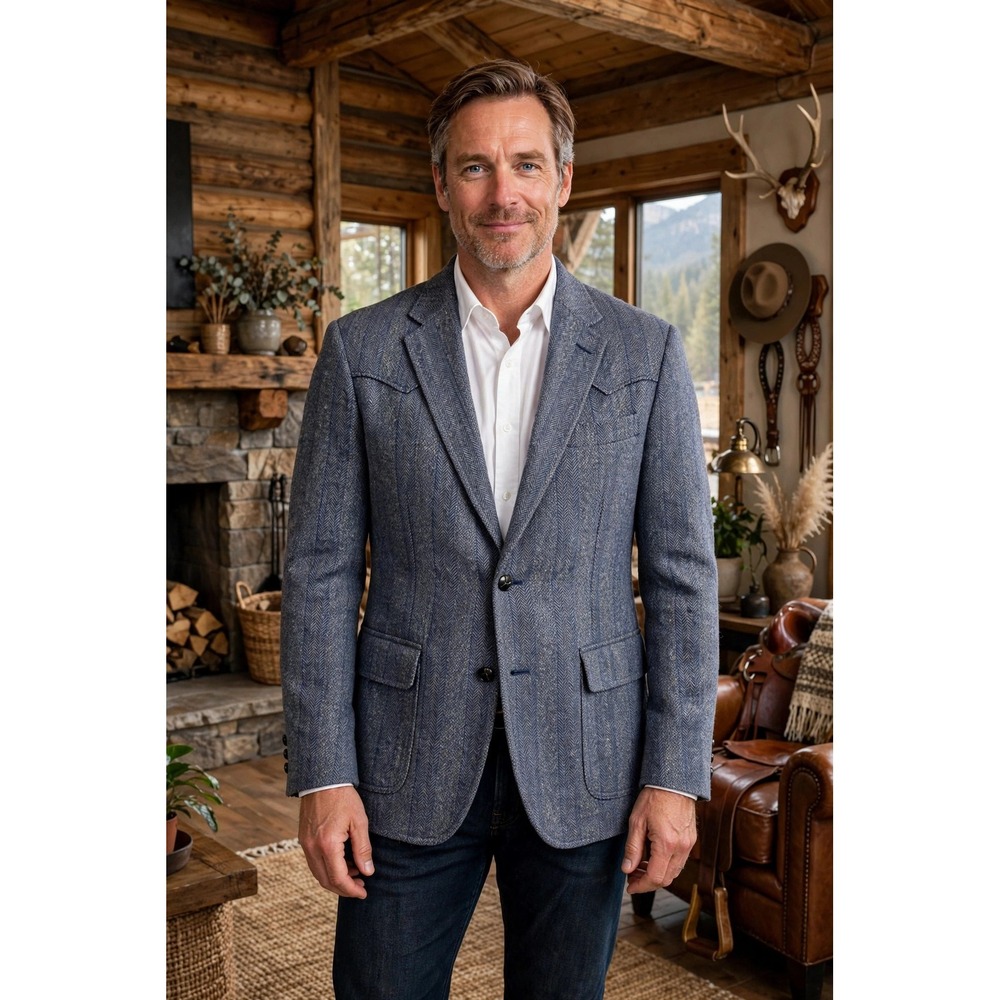 Vtg Pendleton Mens 40 Sport Coat Blazer 70s Herringbone Blue Gray Western USA